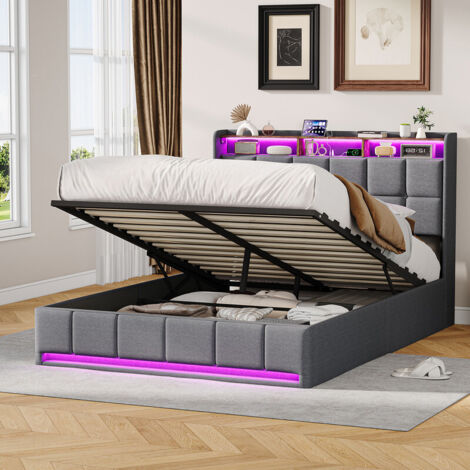 Lit coffre 160 x 200 cm, lit 2 places avec USB et LED, tête de lit avec rangement, lit 160 x 200 cm avec sommier, lit double 160 x 200 cm capitonné de lin gris moderne