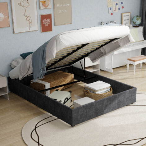 Lit coffre 160 x 200 cm - Lit adulte avec sommier à gaz - Tissu velours gris - Sans tête de lit，sans matelas