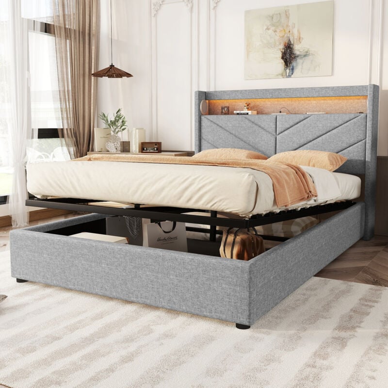 Lit coffre 140 x 190 cm, lit rembourré pour adulte/ado, LED+USB+système stéréo, lit double, lin, sans matelas, gris