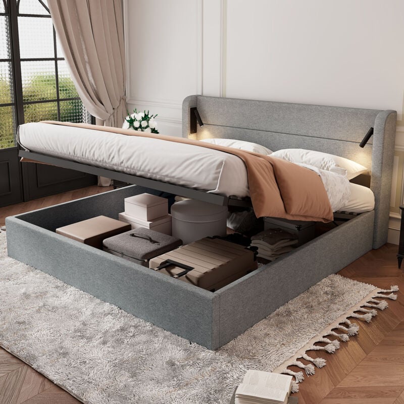 Lit coffre 180x200 cm, lit rembourré avec grand espace de rangement, lumière d'ambiance et sommier à lattes, en lin, gris