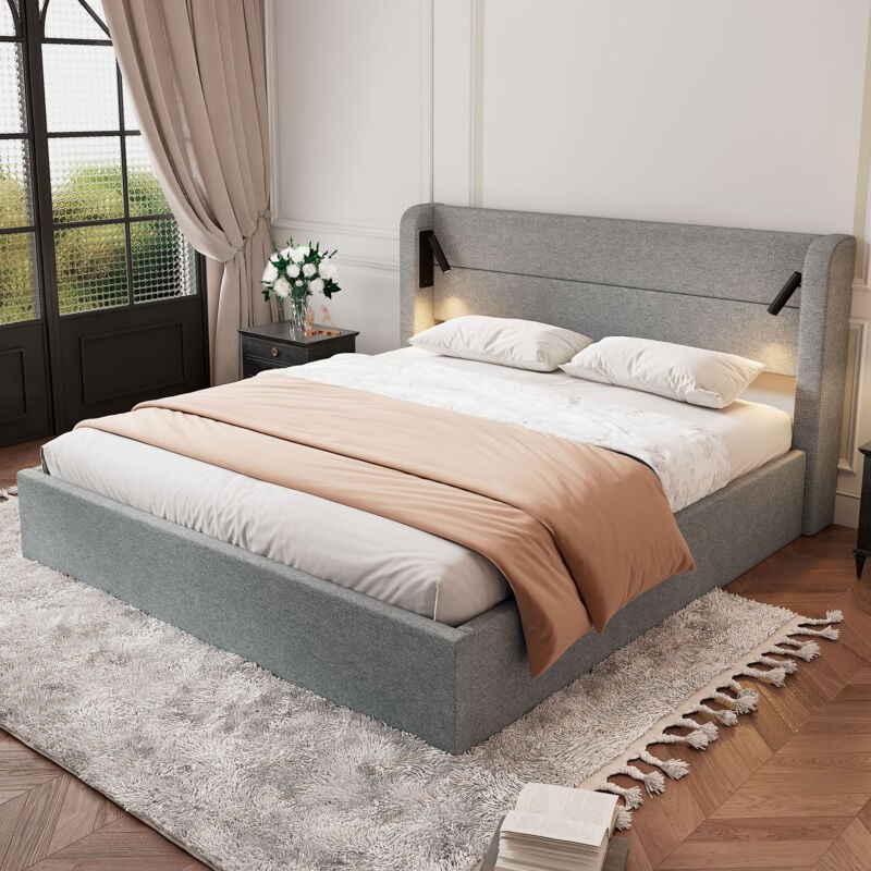 Lit coffre 180x200 cm, lit rembourré avec grand espace de rangement, lumière d'ambiance et sommier à lattes, en chenille, gris