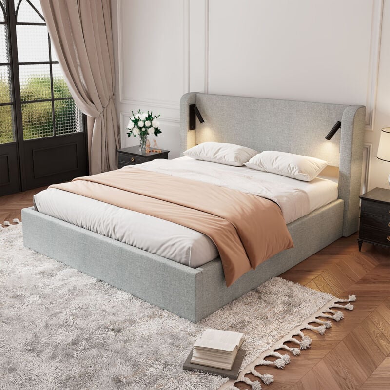Lit coffre 140x190 cm, lit rembourré avec lumière d'ambiance et sommier à lattes, en lin, gris, sans matelas