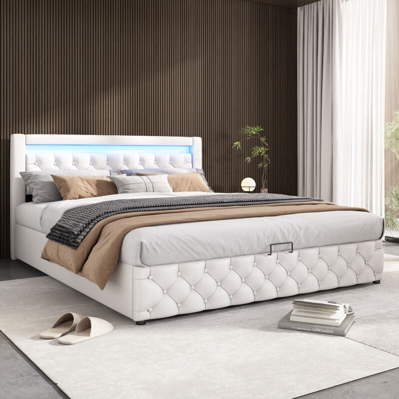 Okwish - Lit coffre 160 x 200 cm, lit double avec sommier à lattes, tiroirs, bande lumineuse led, fonction rangementet rangement, en pu, blanc