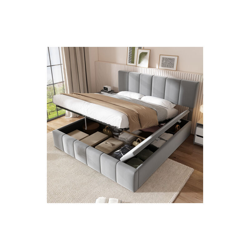 Lit coffre 160x200 cm lit hydraulique avec grand espace de rangement et sommier à lattes en velours, gris