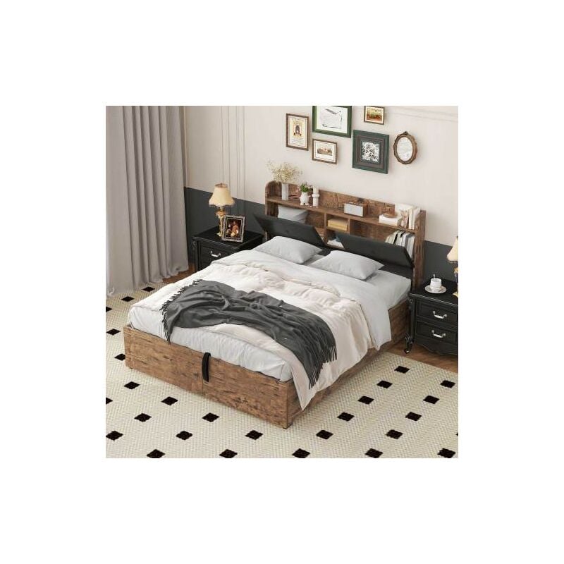 Wishdor - Lit coffre 140 x 200 cm, lit double avec tête de lit coffre et deux tiroirs, sommier à lattes en métal, bois et noir, sans matelas