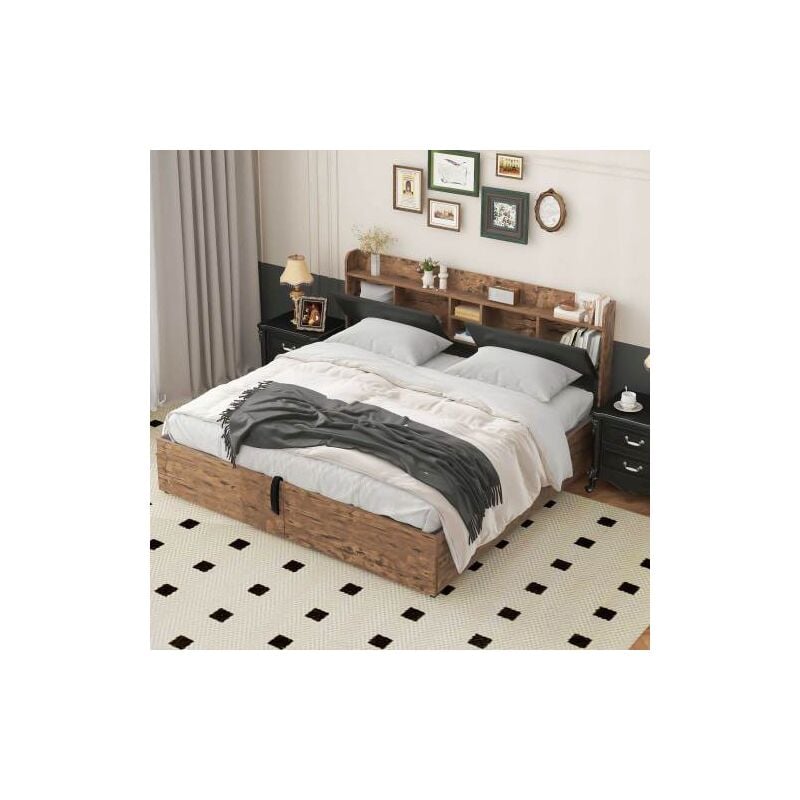 Wishdor - Lit coffre 180 x 200 cm, lit double avec tête de lit coffre et deux tiroirs, sommier à lattes en métal, bois et noir, sans matelas