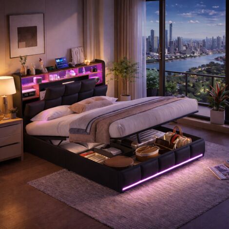 Lit coffre 160 x 200 cm, lit rembourré avec sommier à lattes, lit double avec éclairage LED, tête de lit coffre et station de charge USB, lit tapissier avec hydraulique, lit jeune moderne, PU, cadre d