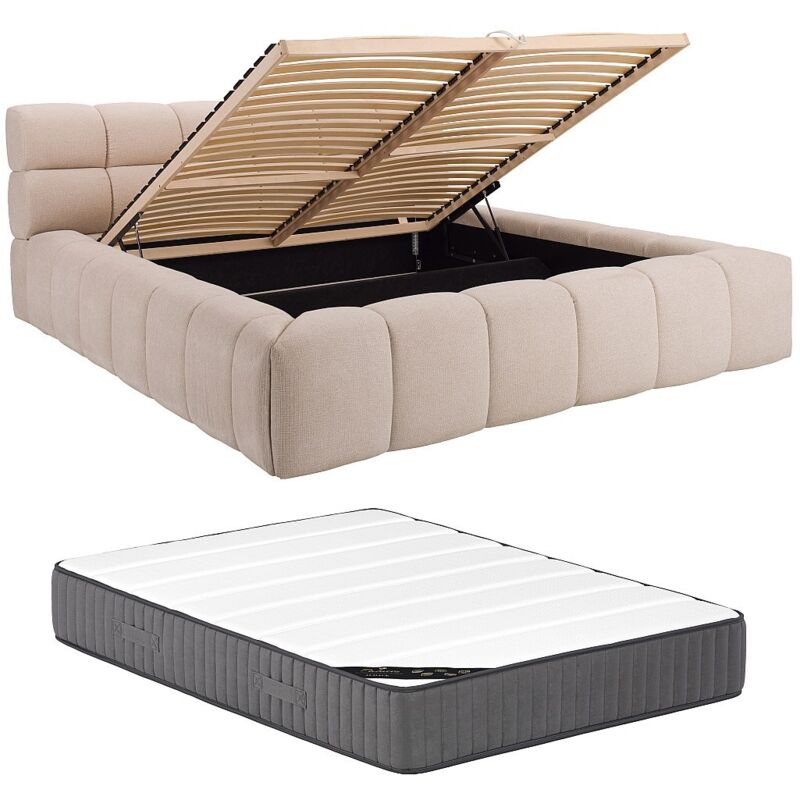 Lit coffre 160 x 200 cm - Tissu - Beige + Matelas - FORVIK II de Pascal Morabito