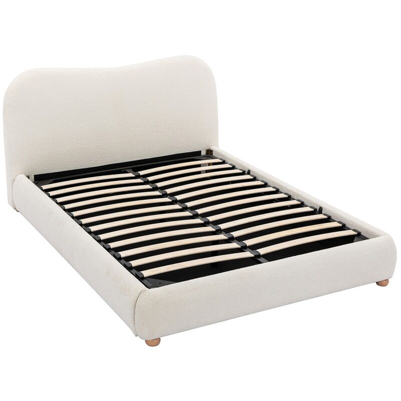 Vente-Unique – Lit coffre 140 x 190 cm – Tissu bouclette blanc – Structure en contreplaqué – Sommier à lattes – Espace de rangement intégré