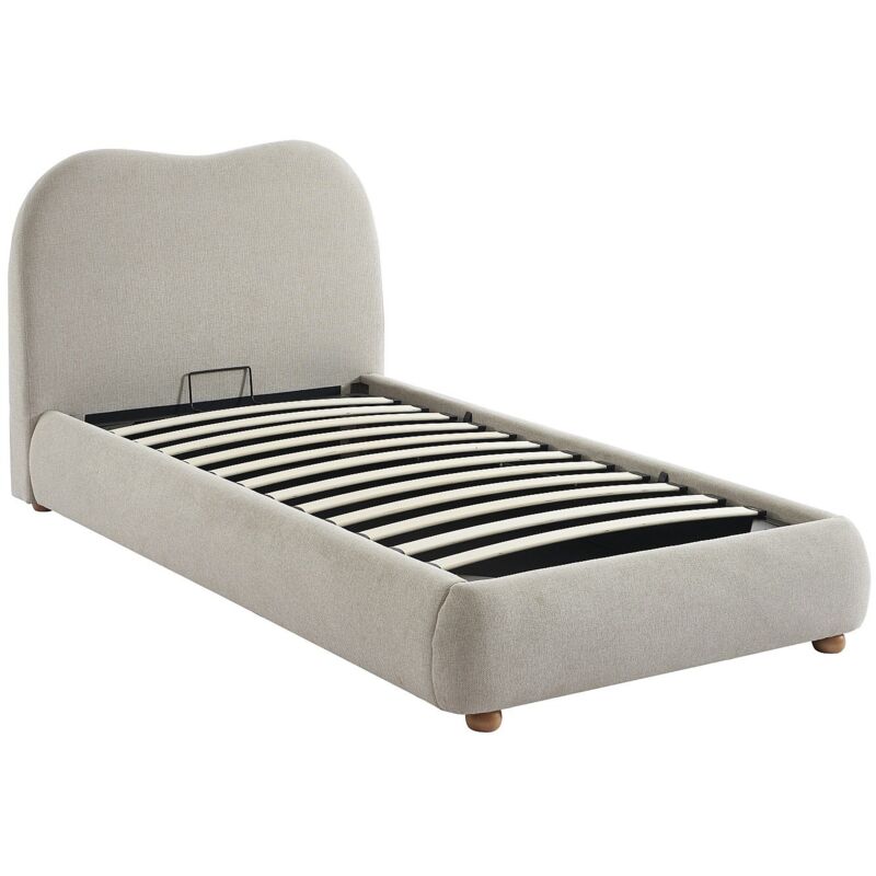 Vente-Unique – Lit coffre 90 x 190 cm – Tissu 100 % polyester beige – Sommier à lattes – Espace de rangement intégré – Charge maximale 220 kg
