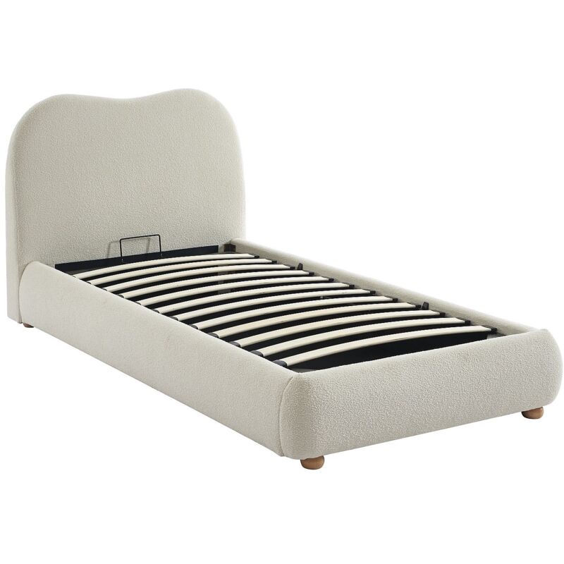 Lit coffre 90 x 190 cm - Tissu bouclette - Blanc - VANARI