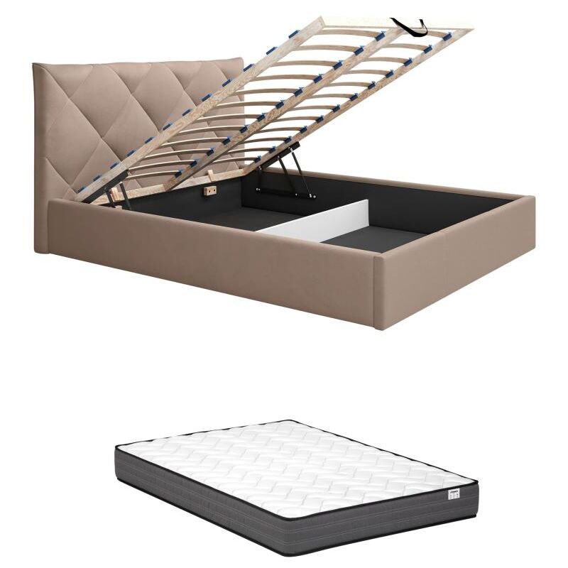 Pascal Morabito - Lit coffre 160 x 200 cm - Velours - Beige + Matelas - stari de