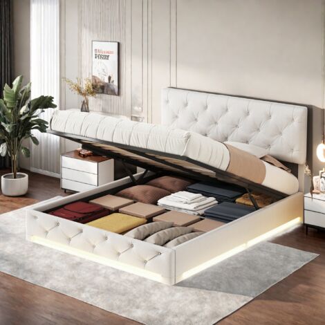 Lit coffre 160 x 200 cm,lit 2 Personnes LED avec rangement,tête de lit réglable en hauteur,décor rivet,cadre de lit avec sommier à lattes,levier hydraulique,tissu lin,blanc