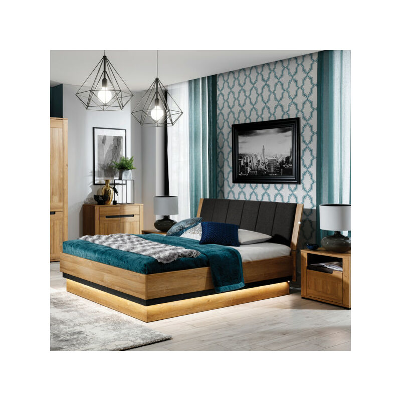 TMM - Lit coffre 160x200 cm Chêne/Gris à LEDs - cracovie - l 170 x l 220 x h 100 cm