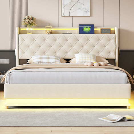 Lit Coffre 160×200 cm, Lit Double avec LED Multicolore, USB et Vérins Hydrauliques, sans Matelas, en Tissu, Beige