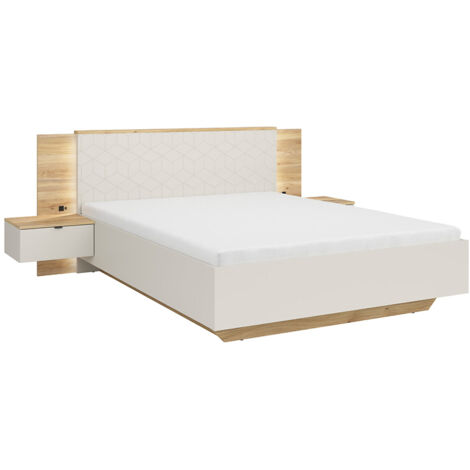 Lit coffre 160x200 avec 2 chevets à LED+USB  , coloris Chêne mauvella/Beige - Longueur 310,5 x Profondeur 167 x Hauteur 110/42,5 cm