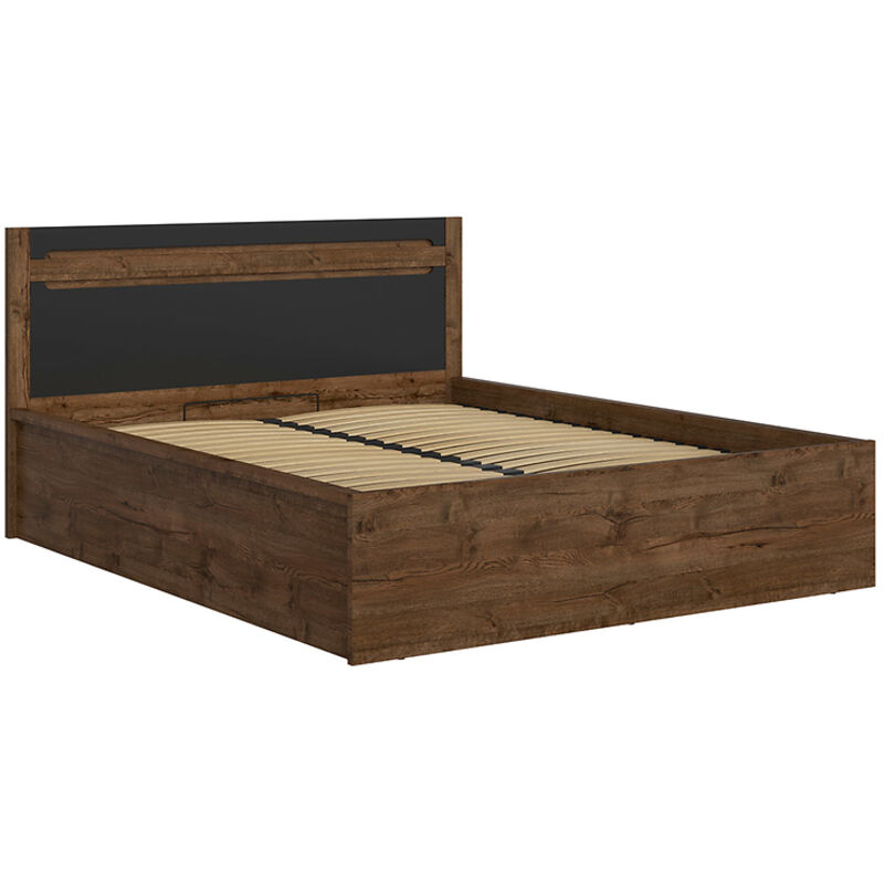 Lit coffre 160x200 avec cadre sommier et rangement,,coloris Chêne foncé/Noir mat - Longueur 205,5 x Profondeur 169,5 x Hauteur 41-96,5 cm Lit coffre 160x200 avec cadre sommier et rangement,,coloris Chêne foncé/Noir mat - Longueur 205,5 x Profondeur 169,5 x Hauteur 41-96,5 cm