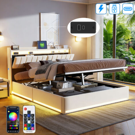 Lit Coffre 160x200 avec LED et Multiprise USB Tpye C, Lit Double avec Rangement et Tete de Lits, Lit Rembourré avec Sommier à Lattes en Bois, Lit 2 Personnes Cadre de Lits, Velours, Beige