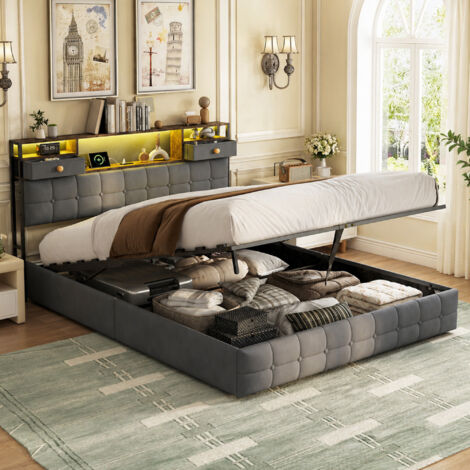 Lit Coffre 160x200 avec Lumières LED et Prise USB Tpye C, Cadre de Lit 160x200 avec Sommier et Rangement,lit 2 Personnes 160 x 200 avec Tete de Lits,Lits Rembourré en Lin pour Adulte, Velours, Gris, s
