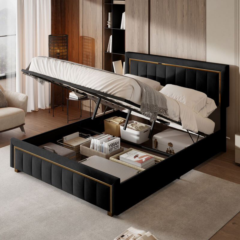 Lit coffre 160x200 avec sommier à lattes, Lit double en velours avec tete de lit capitonnée, Design Doré Edge, Lit adulte avec coffre hydraulique