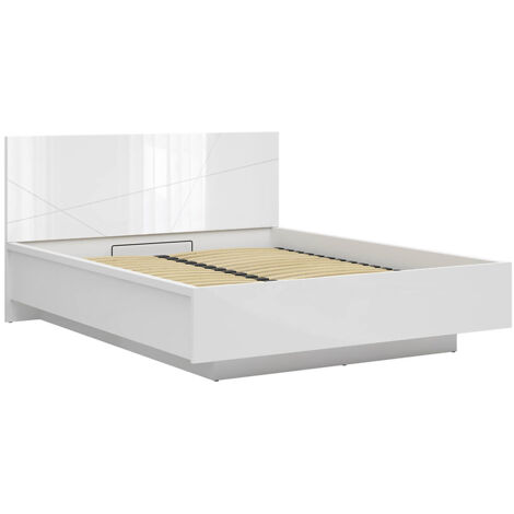 Lit coffre 160x200 avec sommier et rangement, coloris Blanc brillant/Blanc haute brillance - Longueur 206 x Profondeur 169,5 x Hauteur 98,5/43 cm
