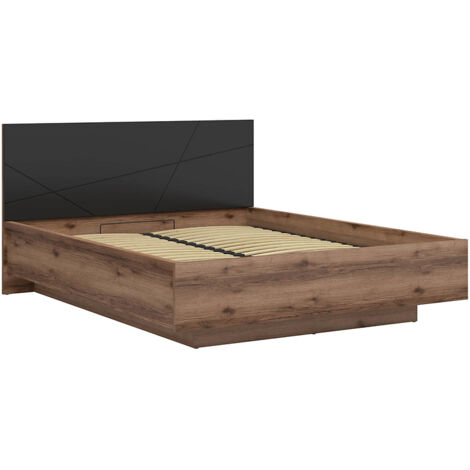 Lit coffre 160x200 avec sommier et rangement, coloris Chêne delano / Noir mat - Longueur 206 x Profondeur 169,5 x Hauteur 98,5/43 cm