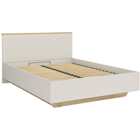 Lit coffre 160x200 avec sommier et rangement , coloris Chêne mauvella/Beige - Longueur 210,5 x Profondeur 167 x Hauteur 110/42,5 cm