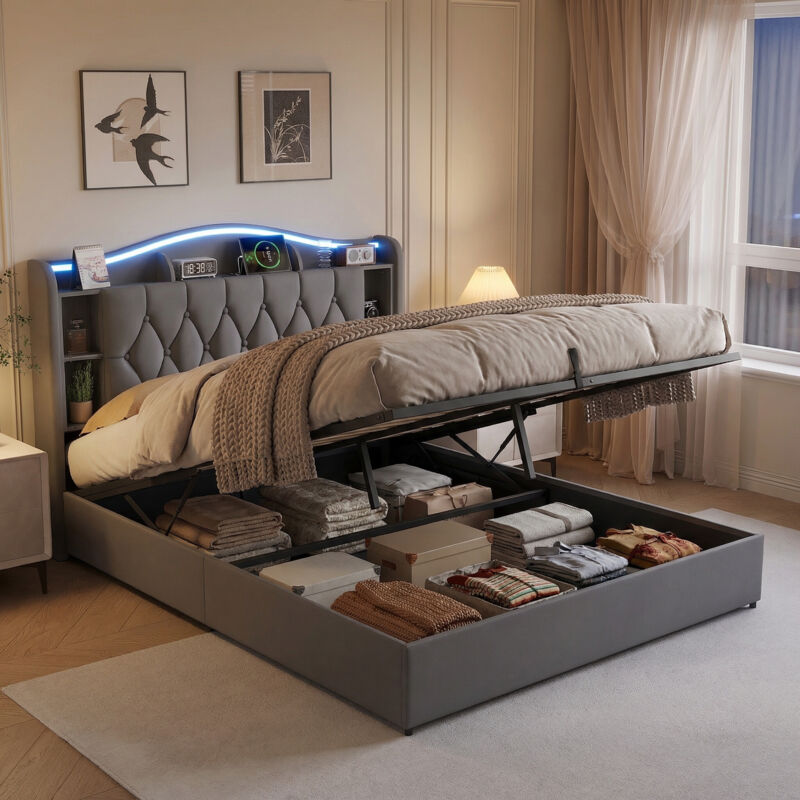 Lit coffre 160x200 avec sommier, lit double capitonné avec LED et charge sans fil & USB, tête de lit avec rangement Intégré, lit adulte, velours,