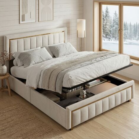 FORTUNA LAI 160x200 avec sommier, lit double capitonné, lit adulte avec rangement hydraulique, bordure dorée, velours, style moderne/scandinave(160x200cm, Beige)