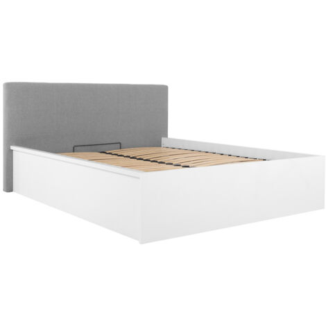 Lit coffre 160x200 avec tête de lit capitonnée ,coloris Blanc brillant/Textile beige - Longueur 209,5 x Profondeur 176 x Hauteur 95/40,5 cm