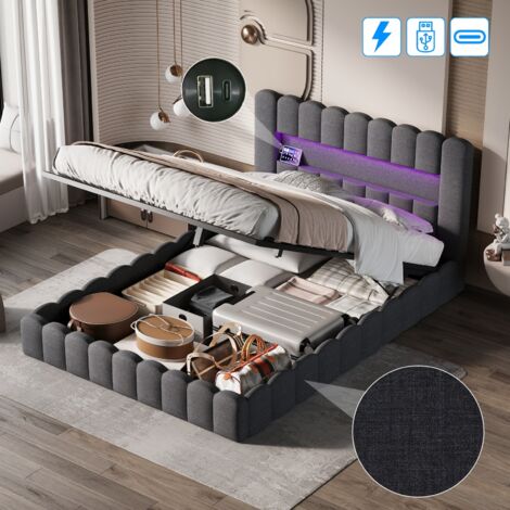 Lit coffre 160x200, cadre de lit pour adulte, lit deux personnes avec LED et USB, lit double, Lit rembourré 2 places en lin, Noir, sans matelas
