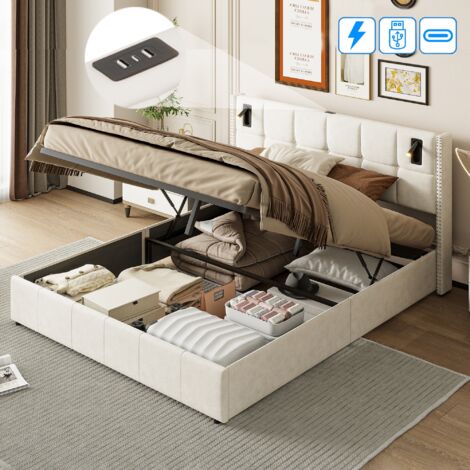 DANS LES NUAGES Lit coffre 160x200 cm, 2 places, avec 2 LED lampes cylindrique, rangement, USB-A/C charge, sommier à lattes en bois, cadre en métal, lit capitonné en velours - Beige