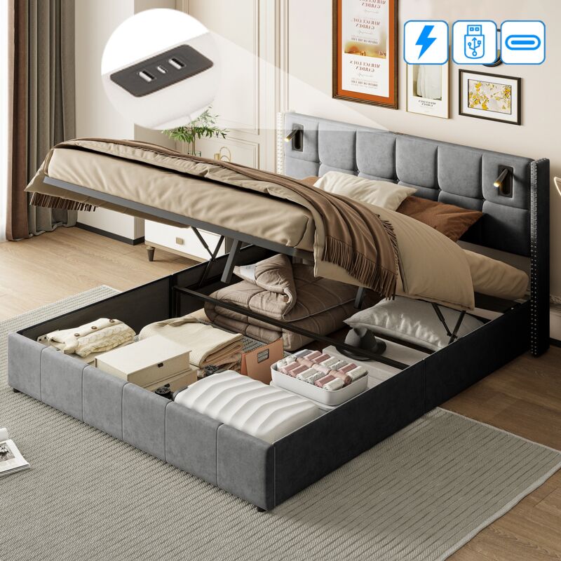 Lit coffre 160x200 cm, 2 places, avec 2 led lampes cylindrique, rangement, usb-a/c charge, sommier à lattes en bois, cadre en métal, lit capitonné en