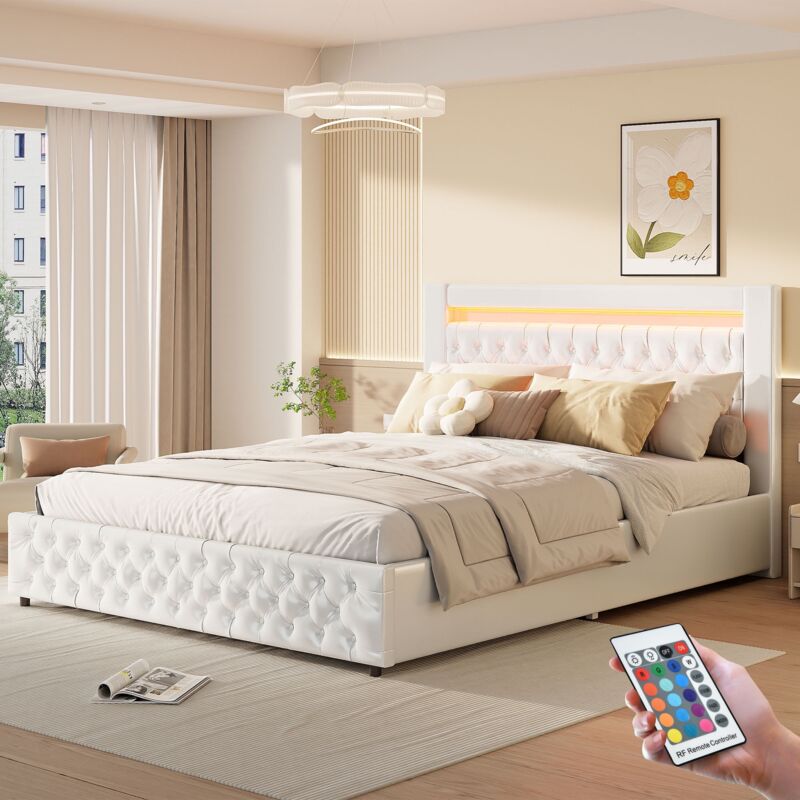 Lit coffre 140x200 cm, 2 places, avec led, rangement, télécommande, sommier à lattes en bois, cadre en métal, classique, lit capitonné en Similicuir