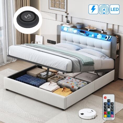 Lit coffre 160x200 cm, 2 places, avec LED, rangement, tête de lit de charge sans fil, capitonné en velours, sommier à lattes en bois, cadre en métal, Lit double - Beige