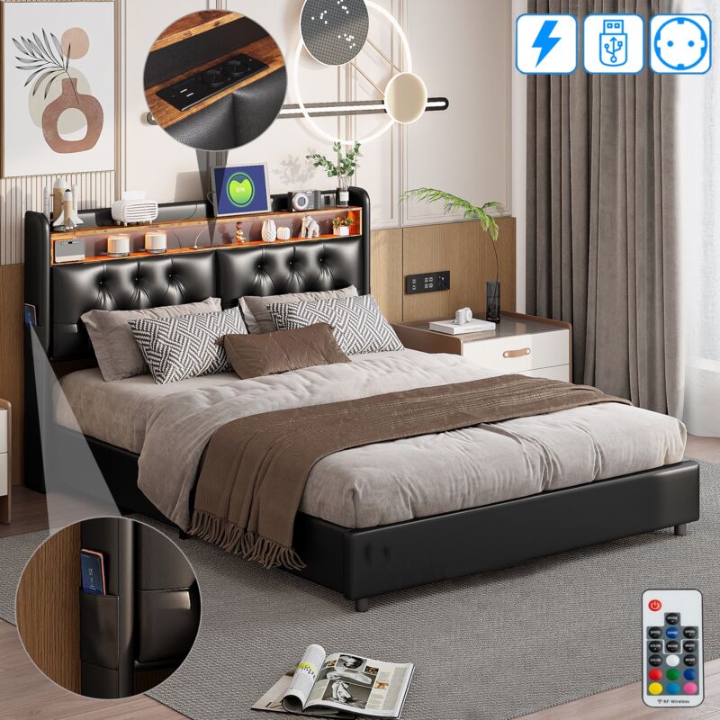 Lit coffre 160x200 cm, 2 places, avec led, rangement, tête de lit de usb, capitonné en similicuir, sommier à lattes en bois, cadre en métal,