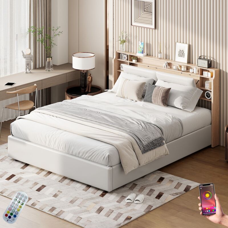 Lit coffre 160x200 cm, 2 places, avec LED, tête de lit de rangement, 3 étagères, sommier à lattes en bois, cadre en métal, Lit capitonné en