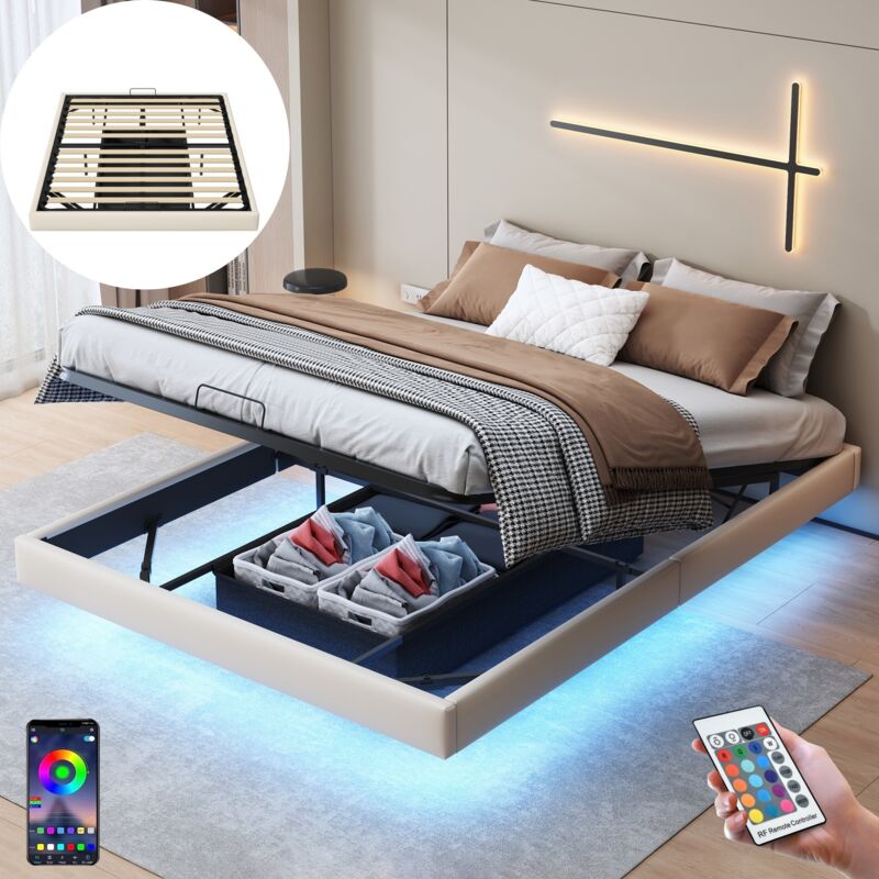 Dans Les Nuages - Lit coffre 160x200 cm, 2 places, avec sans tête de lit, led, rangement, sommier à lattes en bois, cadre en métal, lit adulte