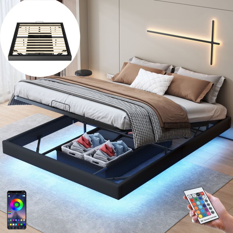 Dans Les Nuages - Lit coffre 160x200 cm, 2 places, avec sans tête de lit, led, rangement, sommier à lattes en bois, cadre en métal, lit adulte