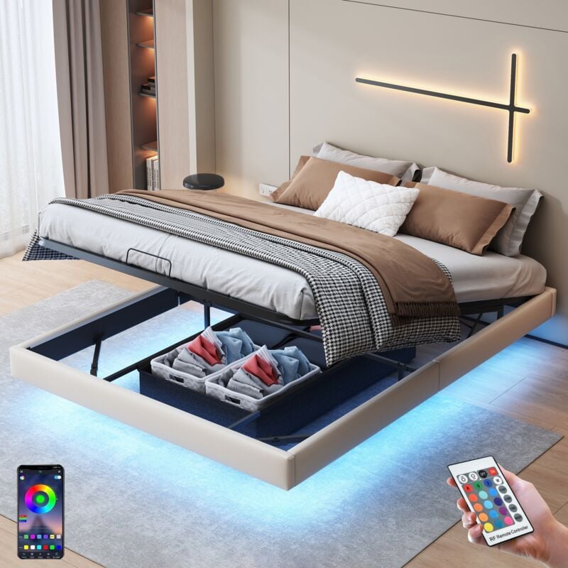 Dans Les Nuages - Lit coffre 160x200 cm, 2 places, avec sans tête de lit, led, rangement, sommier à lattes en bois, cadre en métal, lit adulte