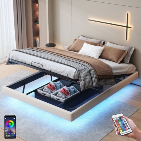 Lit coffre 160x200 cm, 2 places, avec sans tête de lit, LED, rangement, sommier à lattes en bois, cadre en métal, lit adulte capitonné en Similicuir - Beige