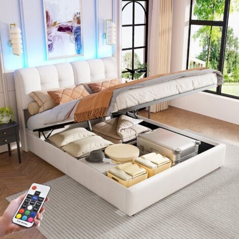 DANS LES NUAGES Lit coffre 160x200 cm, 2 places, avec têtes de lit LED, USB et rangement, sommier à lattes en bois, cadre en métal, lit capitonné en velours - Beige