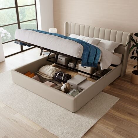 FORTUNA LAI Lit coffre 160x200 cm, 2 places, lit adulte capitonné - sommier en bois massif, lin, cadre en métal - Beige