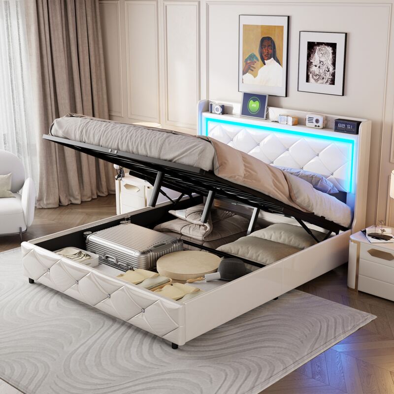 Eifson - Lit coffre 160x200 cm, avec éclairage led, chargement usb, fermeture pression cristal, rangement hydraulique, pu, ​​sommier à lattes - Blanc