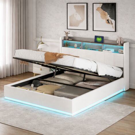Lit coffre 160x200 cm, avec éclairage LED et port USB, lit double capitonné avec rangement et tete de lit, pour adultes et adolescents, velours, blanc