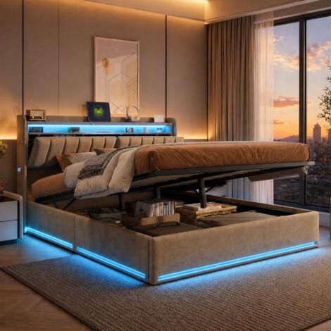 Lit Coffre 160x200 cm avec Éclairage LED et Port USB Tpye C, Lit Double rembourré avec Étagères Ouvertes et Rangement Caché, Lit Hydraulique, Lit 2 Personnes avec Sommier à Lattes et Tete de lit, Velo