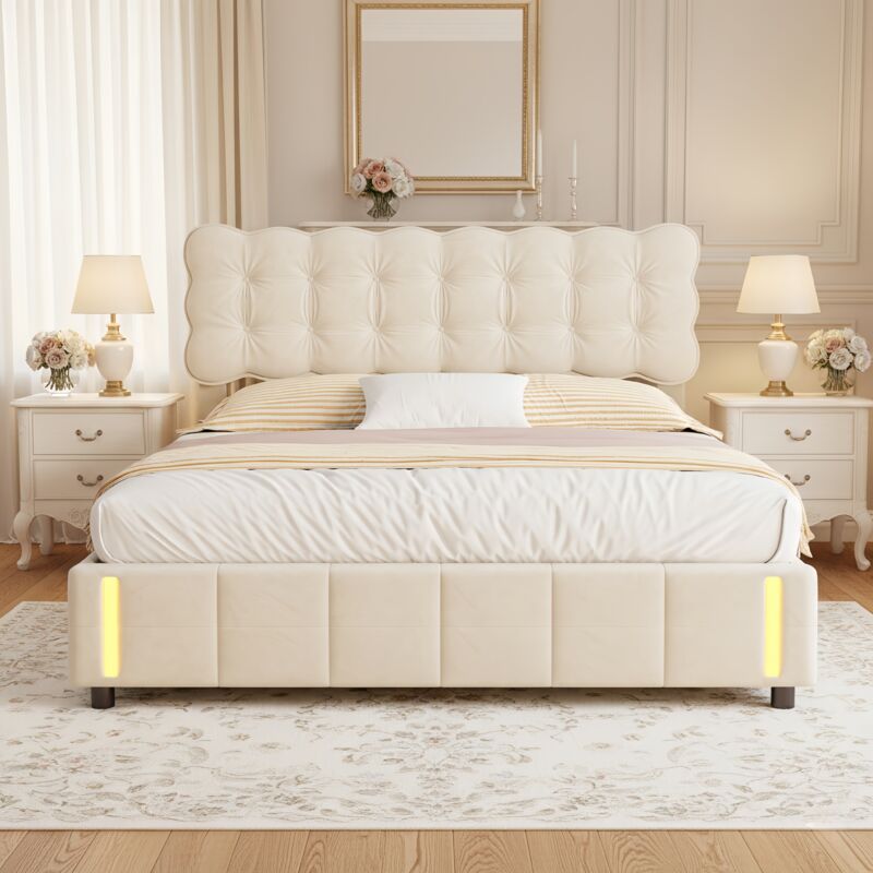 Lit coffre 160x200 cm avec éclairage LED et rangement hydraulique - Tête de lit capitonnée velours, sommier à lattes inclus - Beige