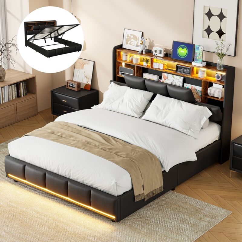 Eifson - Lit coffre 160x200 cm, avec éclairage led, fonction de charge usb, pu, ​​5 compartiments de rangement ouverts, 3 compartiments de rangement