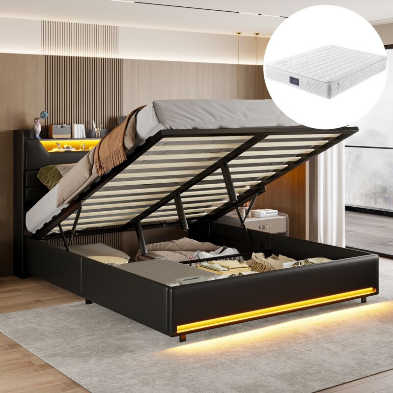 Lit coffre 140x200 cm, avec éclairage led, fonction de charge usb, pu, ​​compartiments de rangement ouverts, espace de rangement hydraulique, sommier