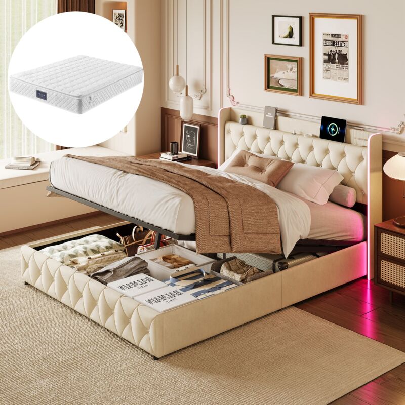 Lit coffre 140x200 cm, avec éclairage led, fonction de charge usb, velours, décoration boutons diamant, espace de rangement hydraulique, sommier à